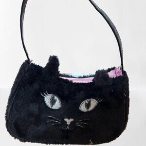 KIDS PLUSH BLACK BAG PINK INTERIOR WITH CAT FACE DESIGN